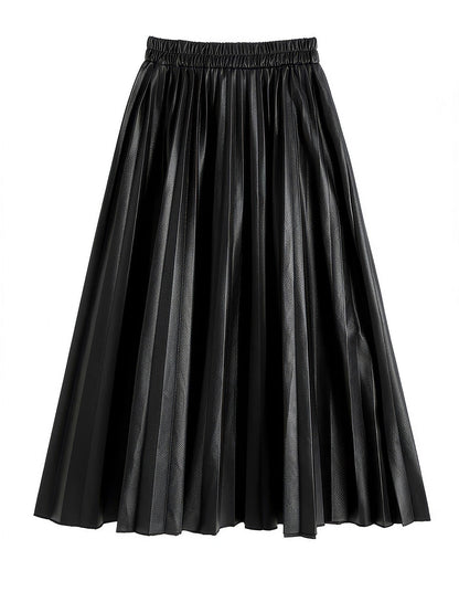 Black pleated skirt in faux leather, Rook, shown front on against a white studio background so the gathered elastic waistband and the knife pleats are visible