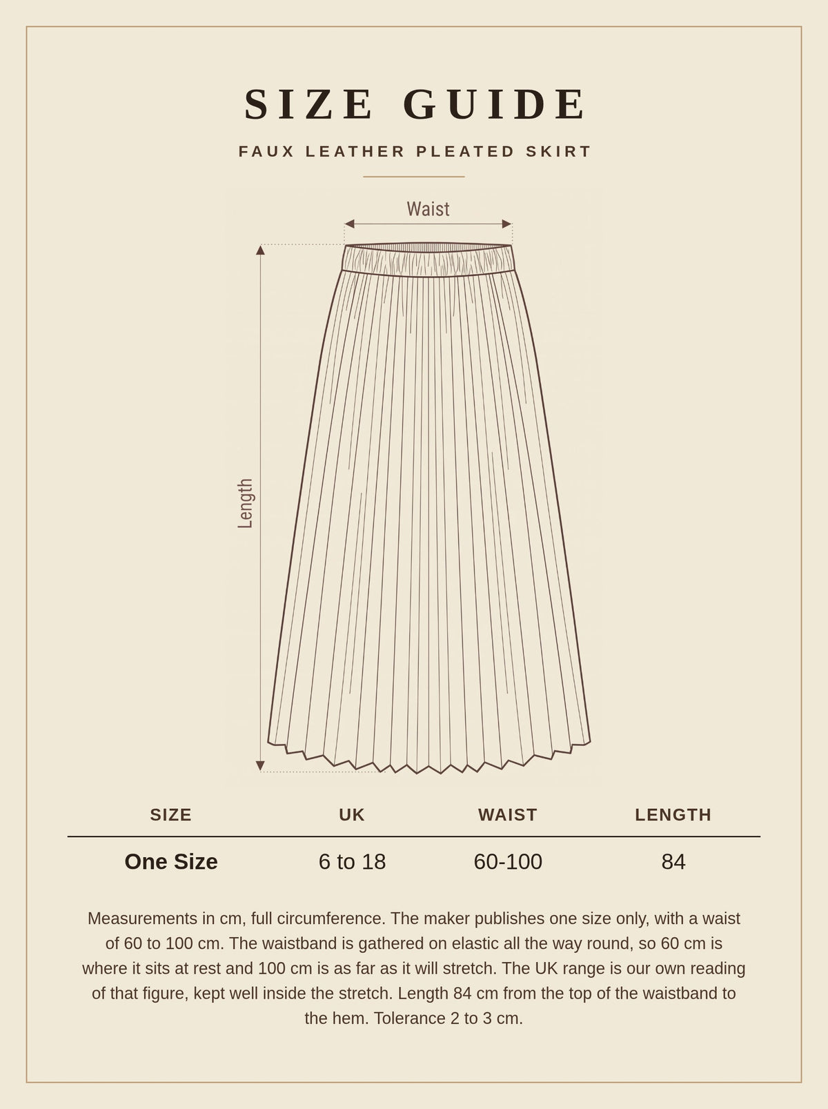 Size guide for the black pleated skirt, one size, UK 6 to 18, waist 60 to 100 cm, length 84 cm