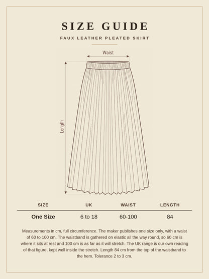 Size guide for the black pleated skirt, one size, UK 6 to 18, waist 60 to 100 cm, length 84 cm