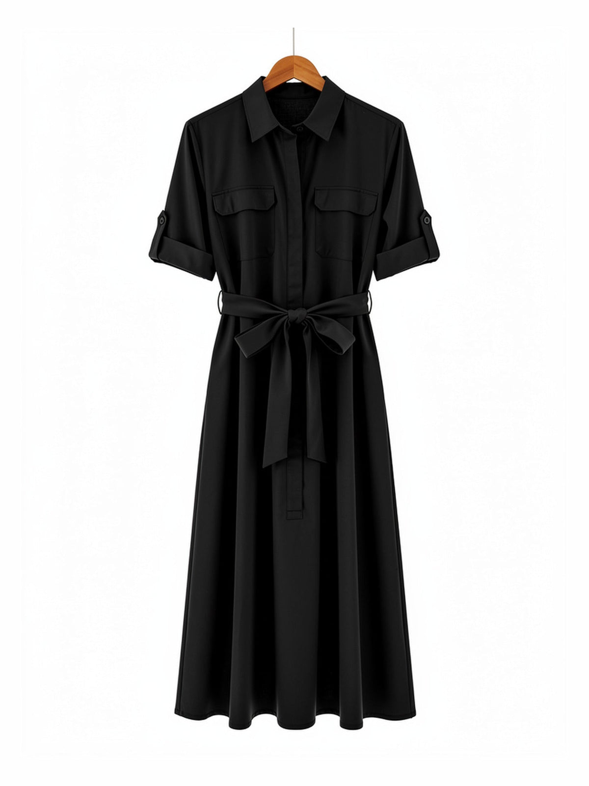 Black short sleeve shirt dress on a wooden hanger, front view