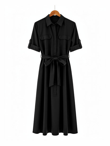 Black short sleeve shirt dress on a wooden hanger, front view