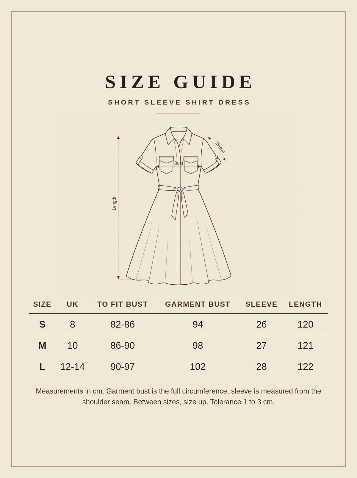 Size guide for the black short sleeve shirt dress, UK 8 to 14
