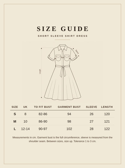 Size guide for the black short sleeve shirt dress, UK 8 to 14
