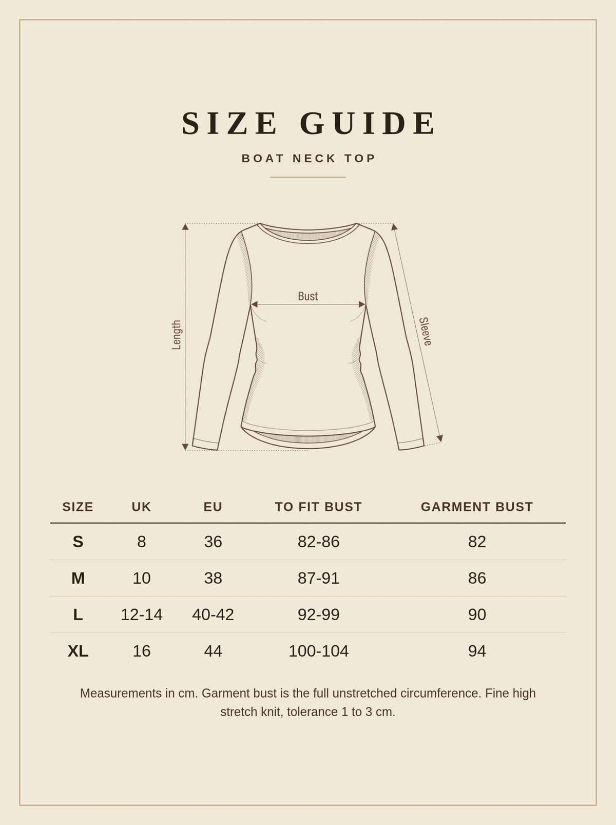 Boat neck top size guide with UK and EU sizes and garment bust measurements