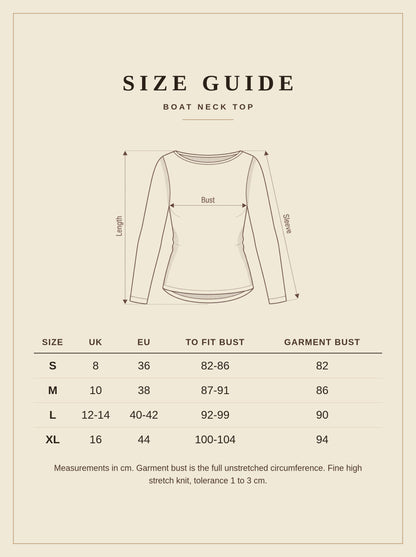 Boat neck top size guide with UK and EU sizes and garment bust measurements