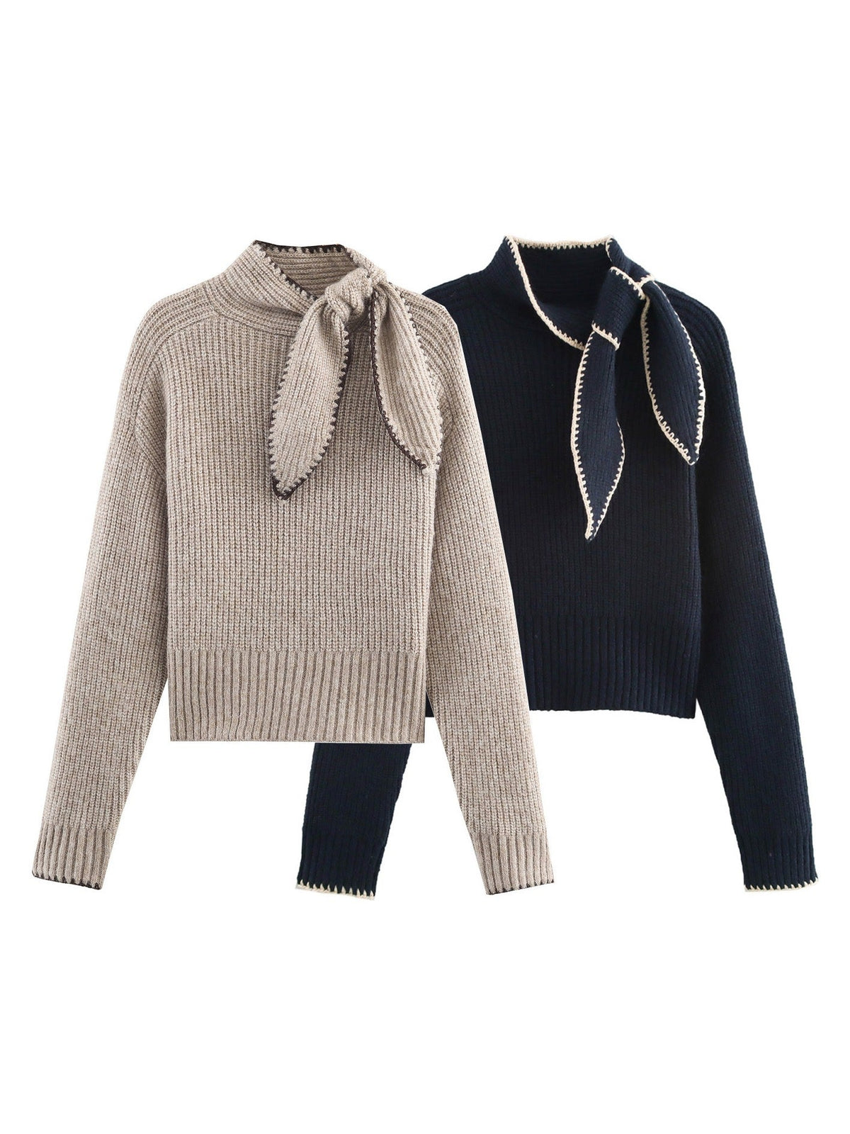 The bow neck jumper in both colours, Cashew and Fathom Navy, side by side