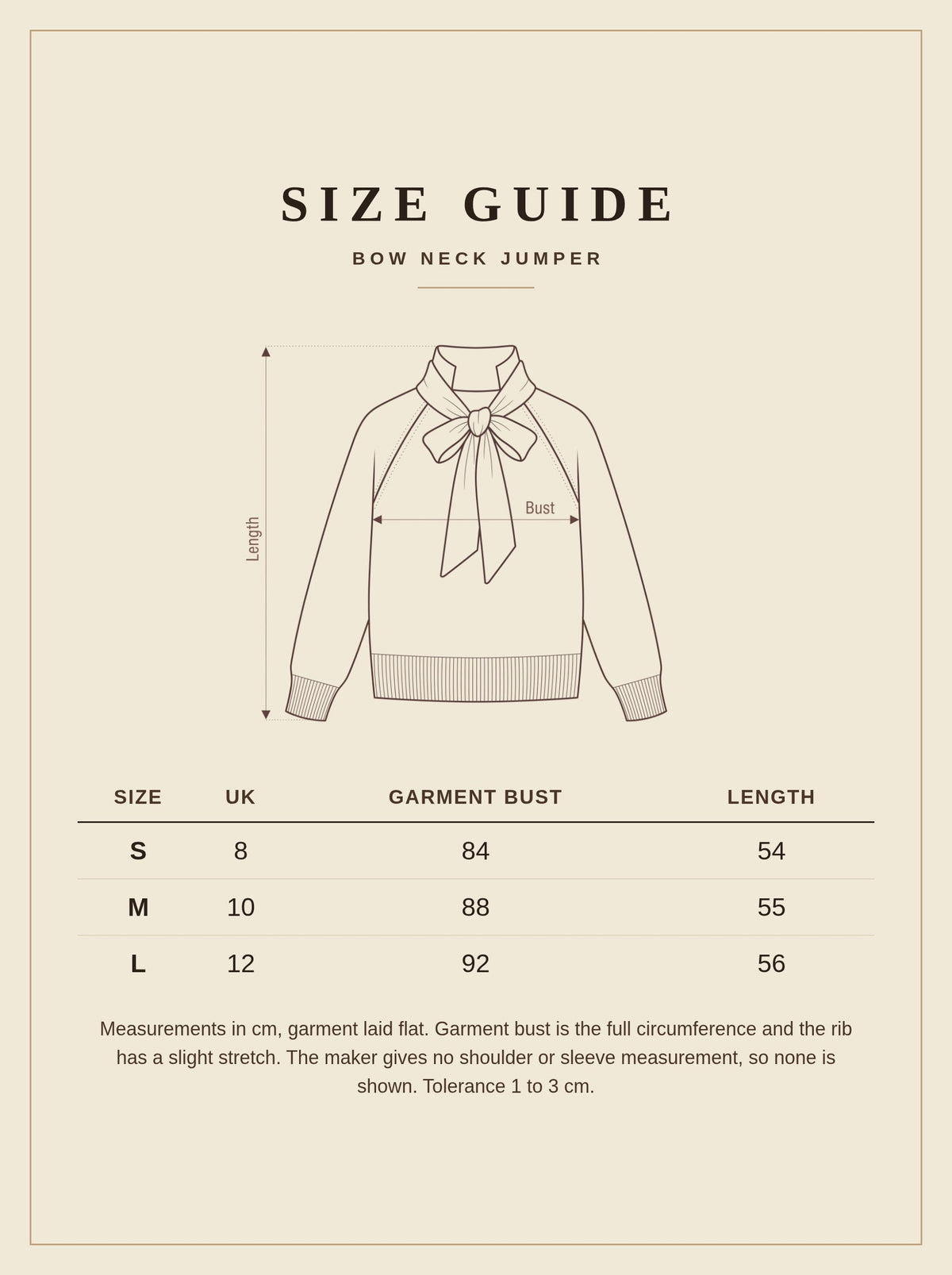 Size guide for the bow neck jumper, UK 8 to 12, garment bust and length in centimetres