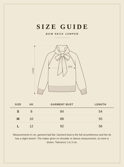 Size guide for the bow neck jumper, UK 8 to 12, garment bust and length in centimetres