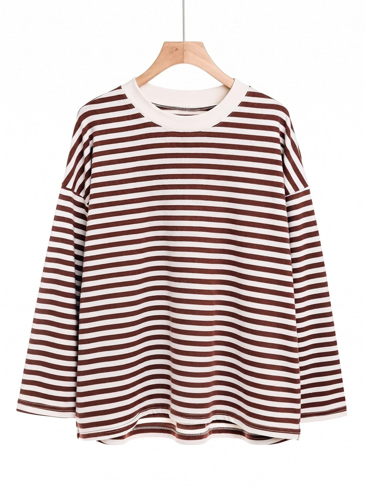 Cocoa brown and white breton stripe top on a wooden hanger, front view