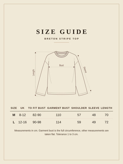 Size guide for the Nettleton breton stripe top with measurements in cm