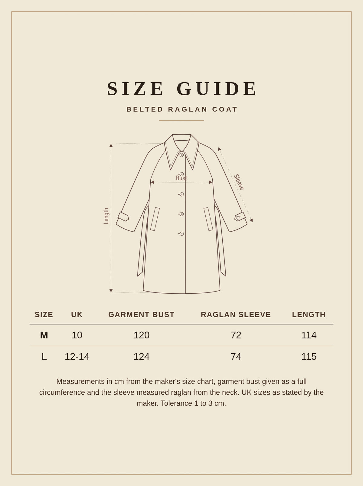 Size guide for the brown coat, measurements in cm for UK 10 to 14