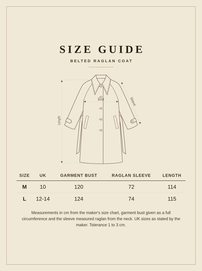 Size guide for the brown coat, measurements in cm for UK 10 to 14
