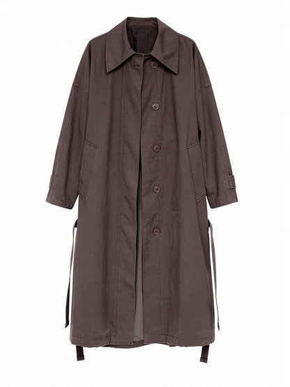 Brown coat in Carob, front view showing the wide shirt collar and single row of buttons