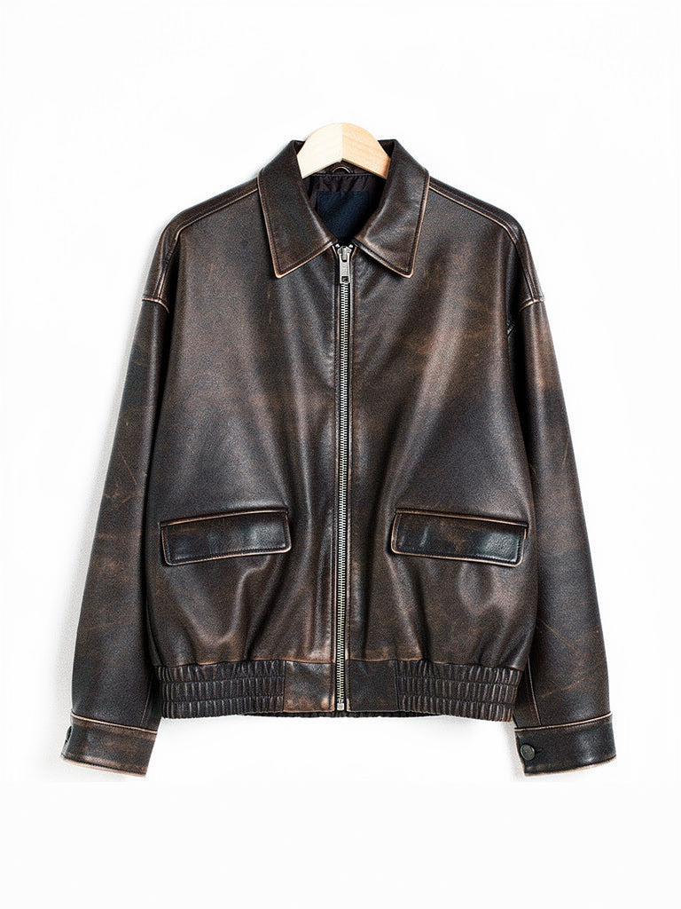 Brown distressed faux leather bomber jacket on a hanger, front view, in Bison
