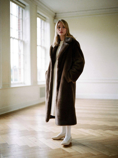 Womens brown faux fur coat worn open in an empty Georgian ballroom, showing the notch lapel and the full length