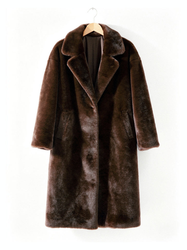 Brown faux fur coat on a wooden hanger against a white studio backdrop, front view