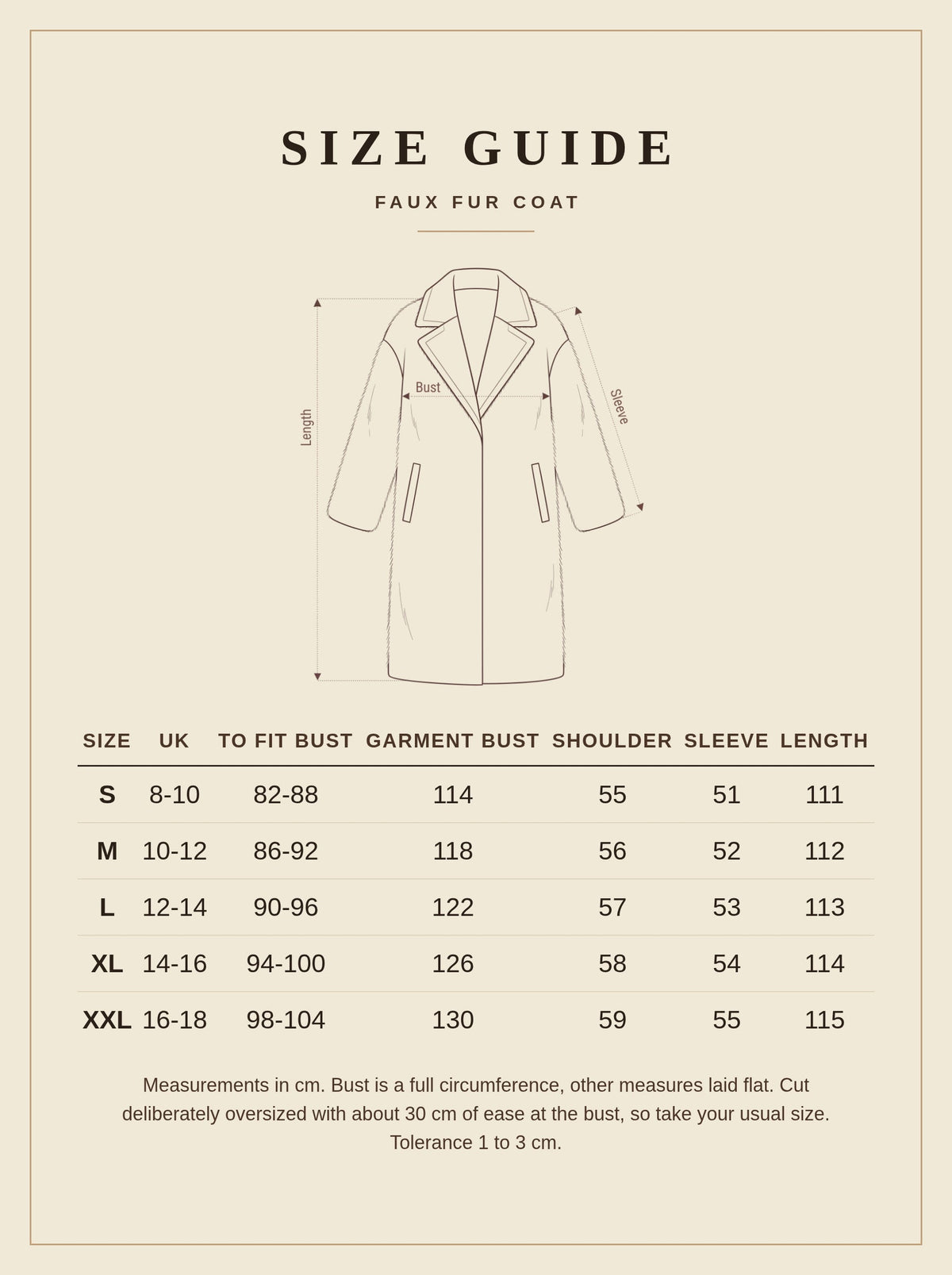 Size guide for the brown faux fur coat, sizes S to XXL, UK 8 to 18