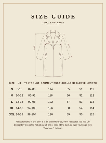 Size guide for the brown faux fur coat, sizes S to XXL, UK 8 to 18