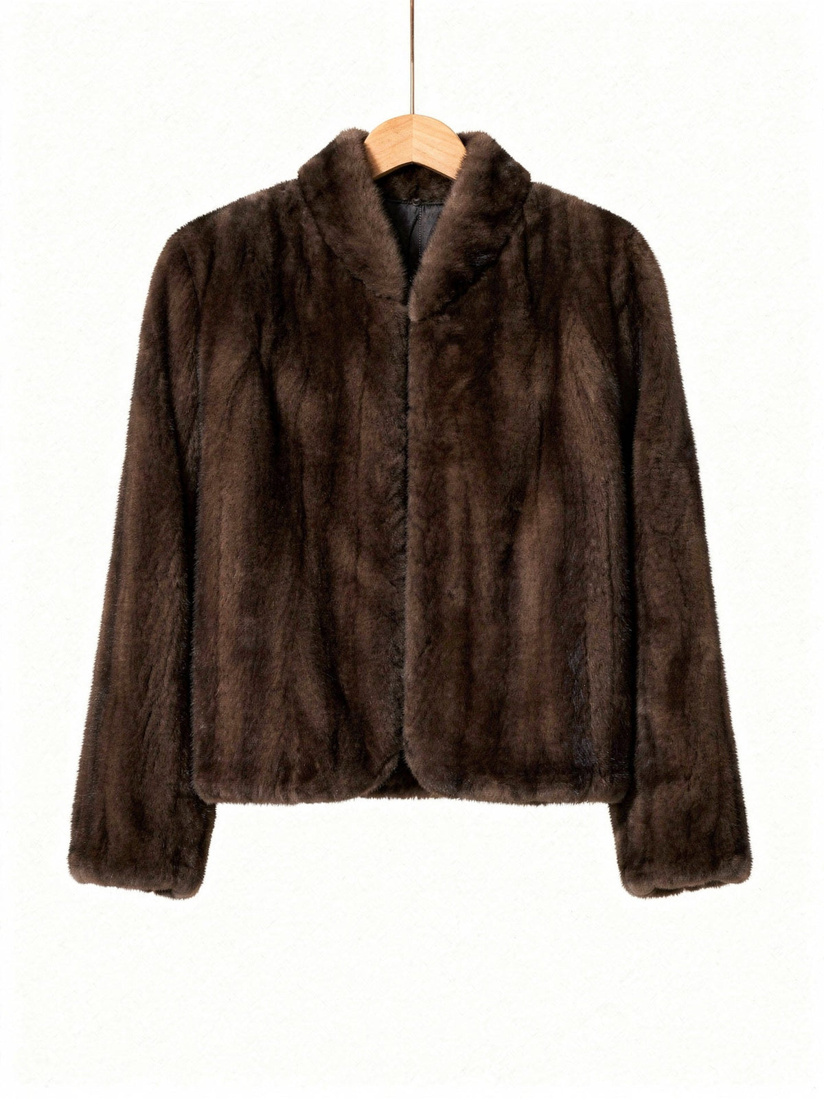 Brown faux fur jacket in Bistre on a hanger, showing the small rolled collar and the short glossy pile