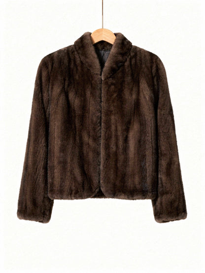Brown faux fur jacket in Bistre on a hanger, showing the small rolled collar and the short glossy pile