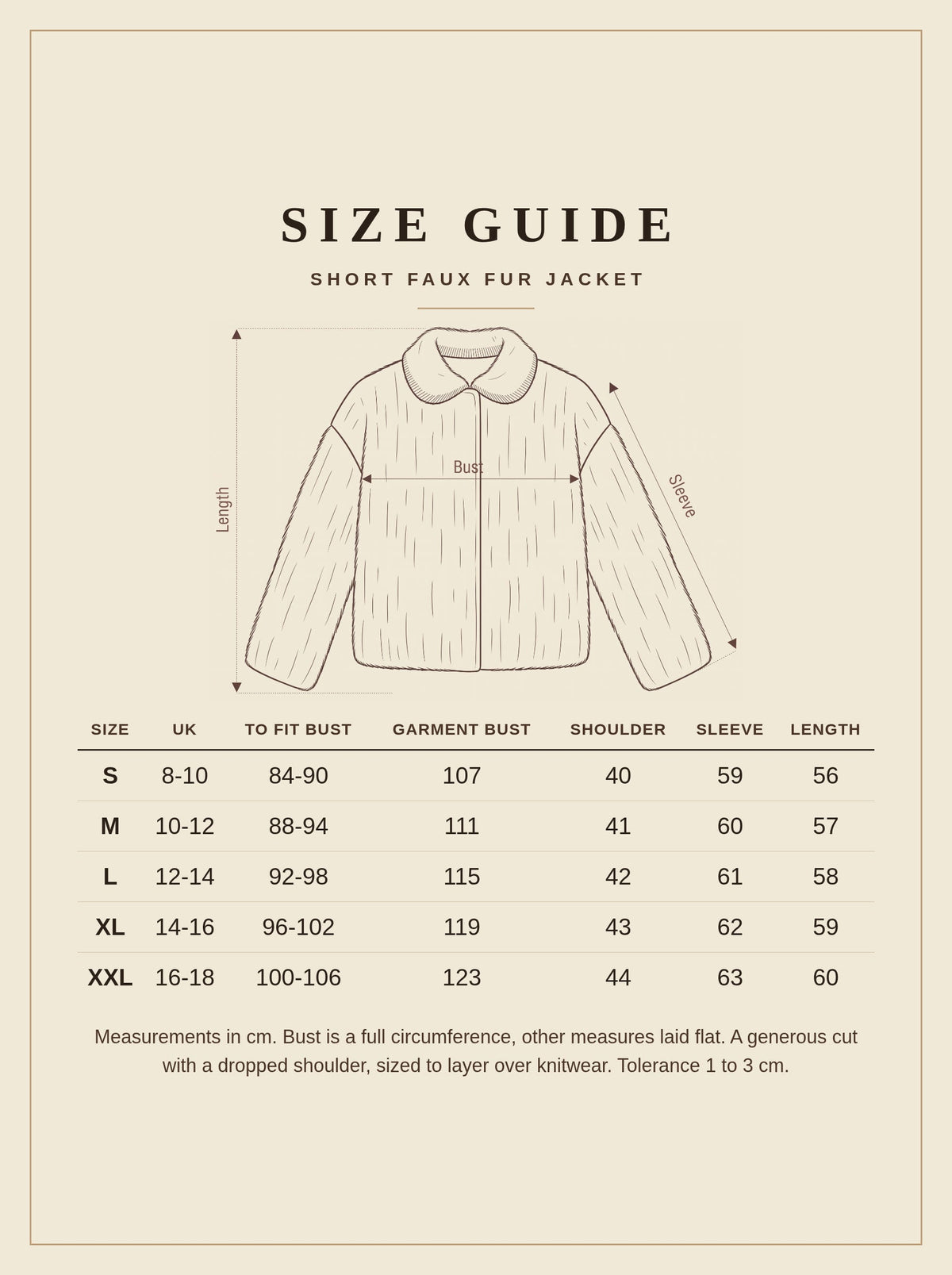 Size guide for the Sezincote faux fur jacket with garment measurements in centimetres