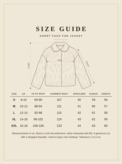 Size guide for the Sezincote faux fur jacket with garment measurements in centimetres