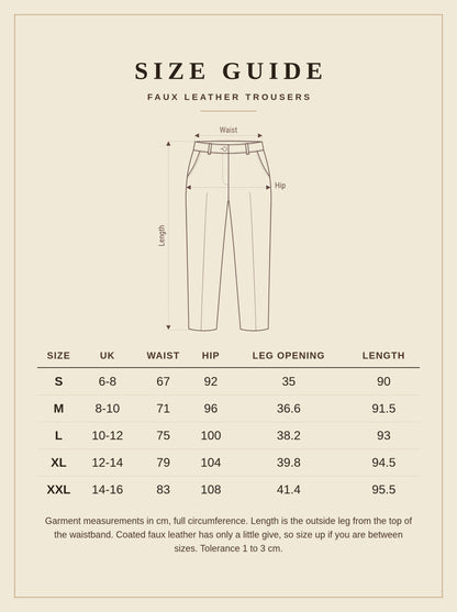 Size guide for the Brown Faux Leather Trousers, UK 6 to 16