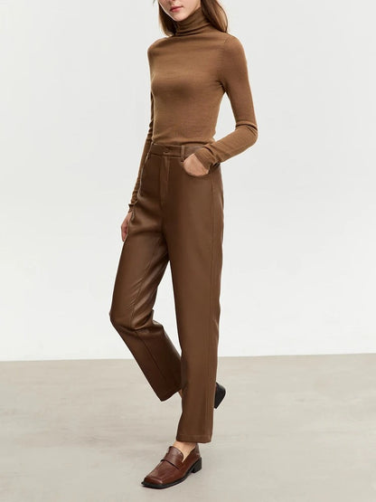 Brown faux leather trousers in Toffee worn front view full length