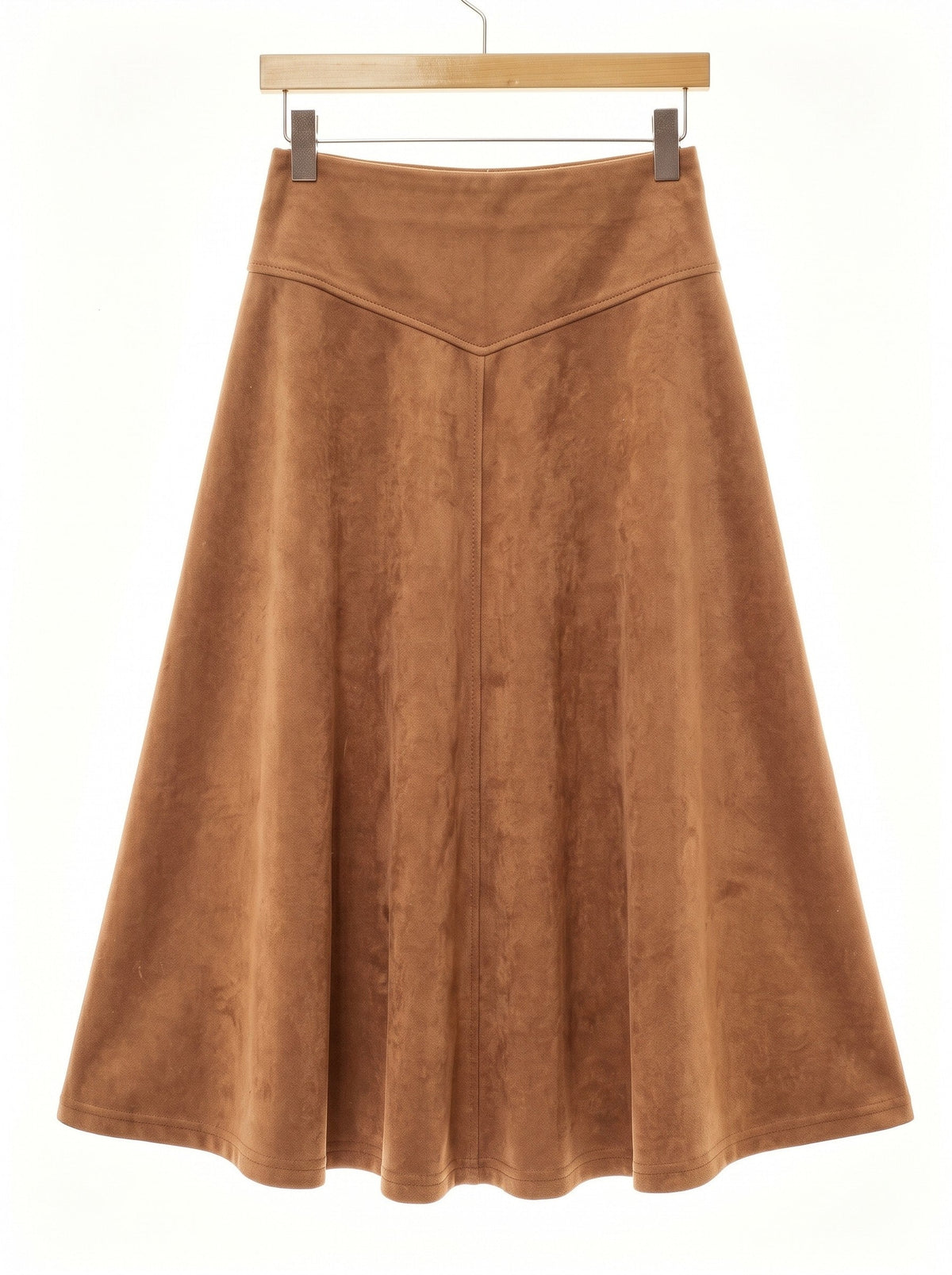 Brown faux suede skirt in Sienna, a warm mid tan, shown front on with the same wide waistband and full flare
