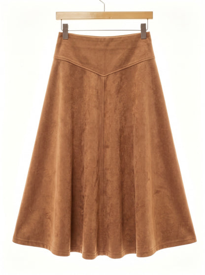 Brown faux suede skirt in Sienna, a warm mid tan, shown front on with the same wide waistband and full flare
