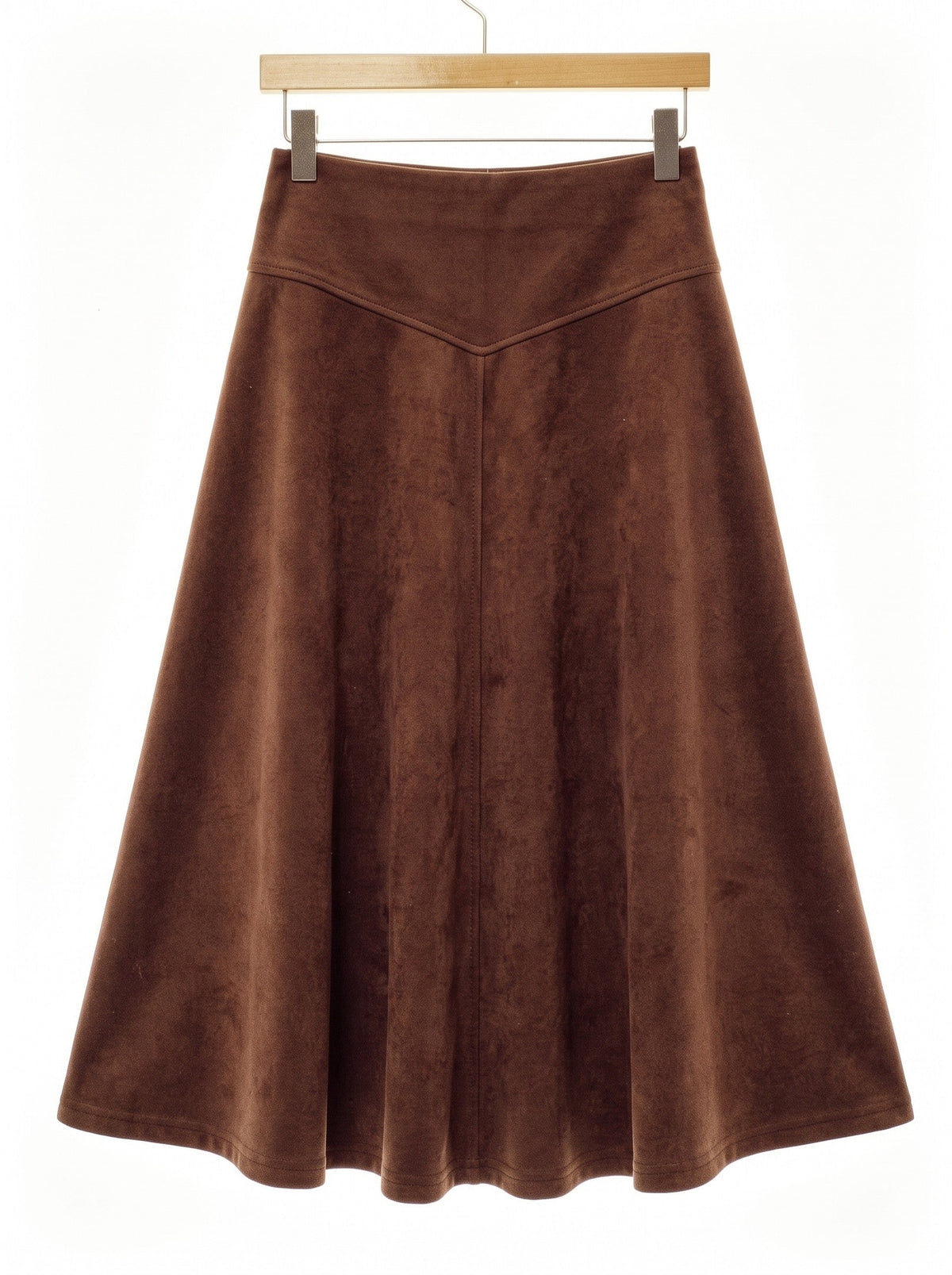 Brown faux suede skirt in Tamarind shown front on, the wide waistband, its chevron seam and the full flare to the hem all visible
