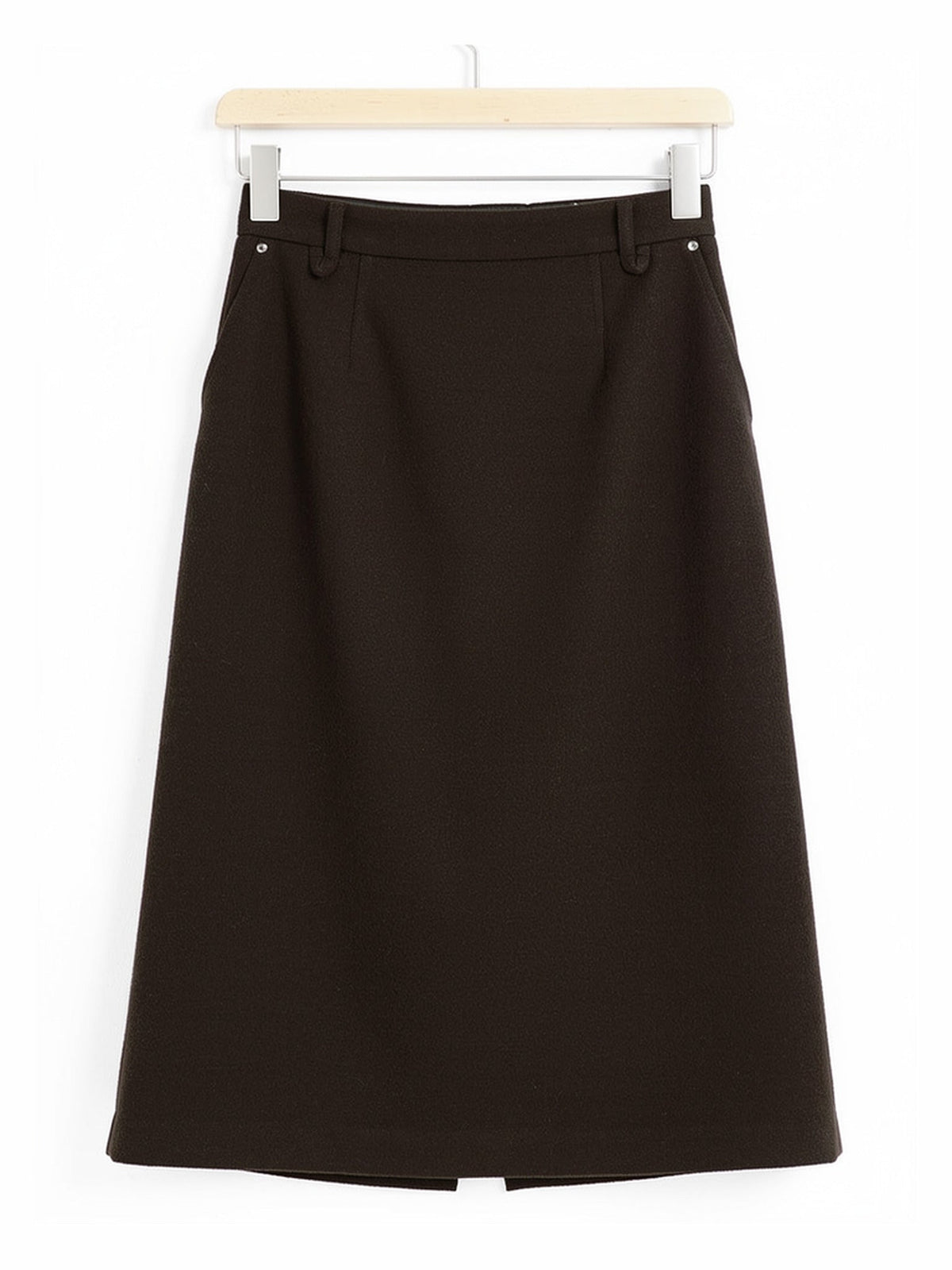 Brown skirt, brushed A line midi with slant pockets and belt loops, on a hanger in Bog Oak