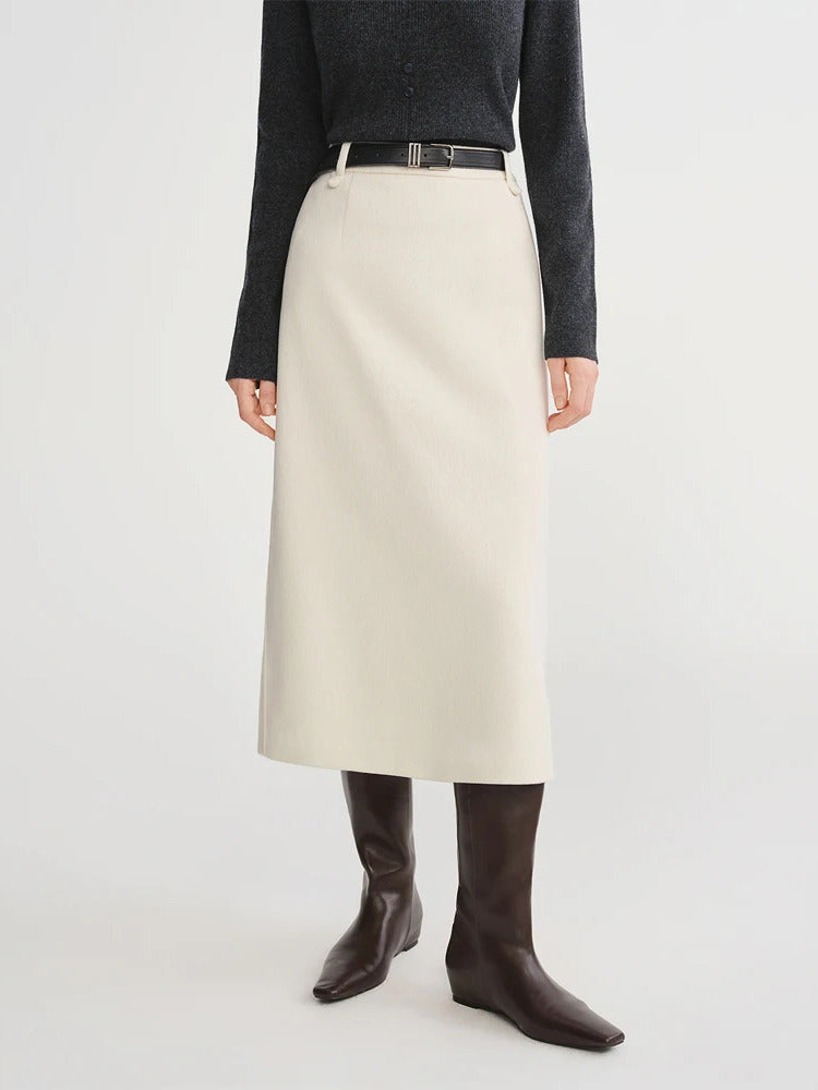 Brushed A line midi skirt worn with a belt, in Gesso