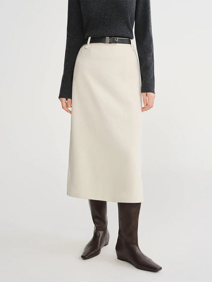 Brushed A line midi skirt worn with a belt, in Gesso