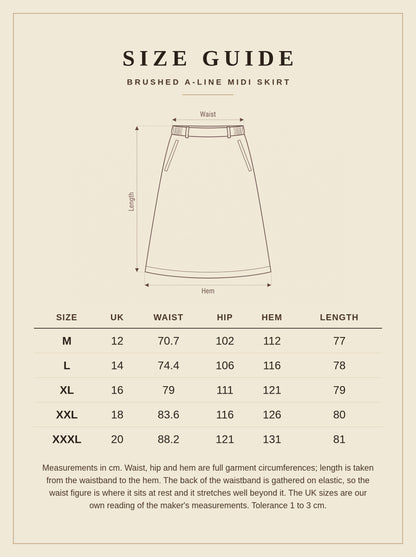 Size guide for the brushed A line midi skirt, sizes M to XXXL, UK 12 to 20