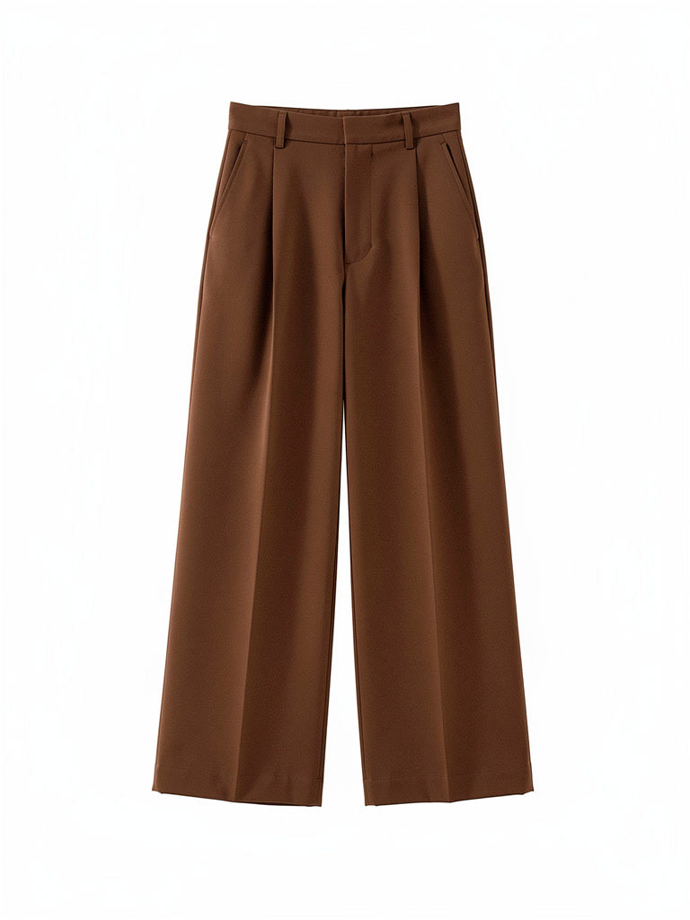 Brown trousers in Russet shown in full, side-zip pleated wide leg