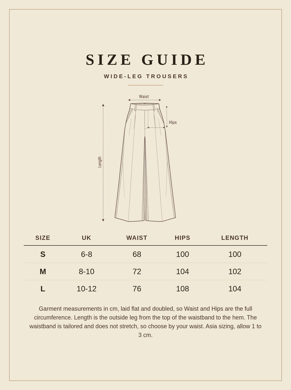 Size guide for the brown wide-leg trousers, UK 6 to 12
