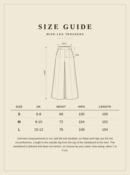 Size guide for the brown wide-leg trousers, UK 6 to 12
