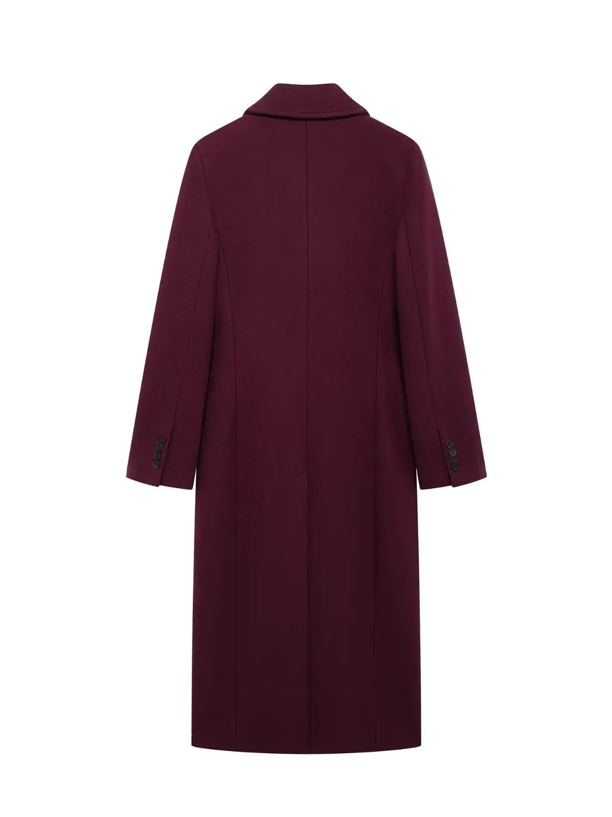 Back view of the burgundy coat, plain seamed back with no vent, in Claret