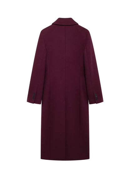 Back view of the burgundy coat, plain seamed back with no vent, in Claret