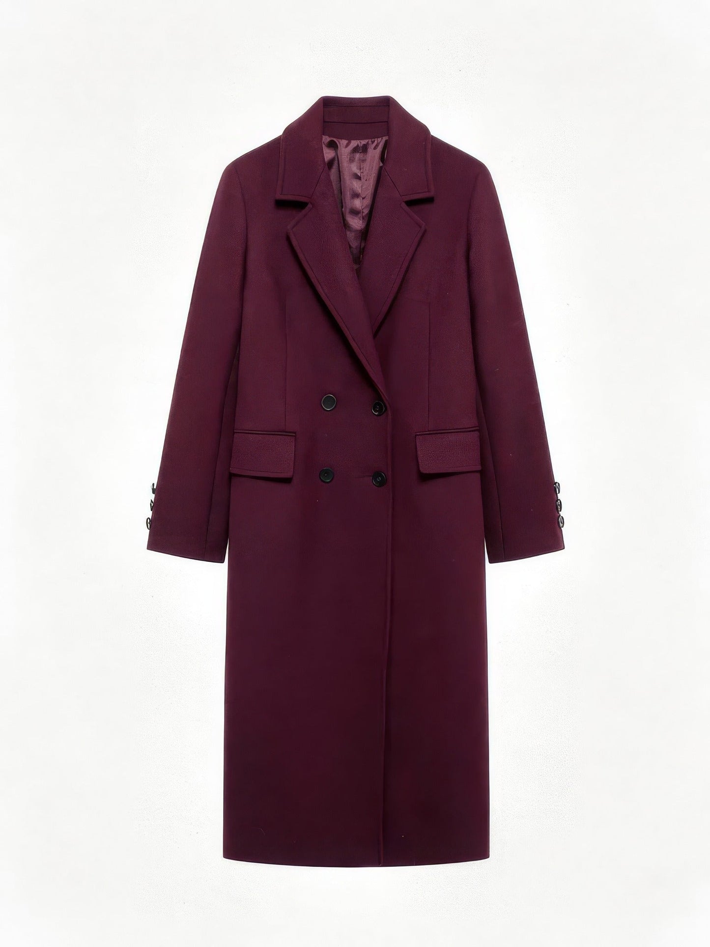 Burgundy coat packshot, double-breasted longline with wide notch lapels and flap pockets, in Claret