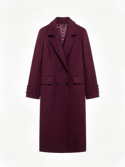 Burgundy coat packshot, double-breasted longline with wide notch lapels and flap pockets, in Claret