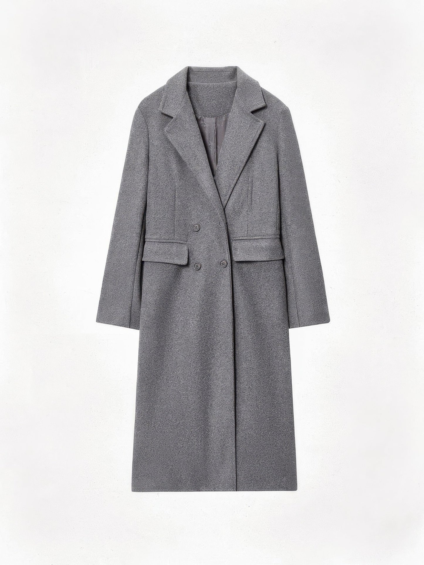 Longline double-breasted coat packshot in Pewter, a mid grey melange
