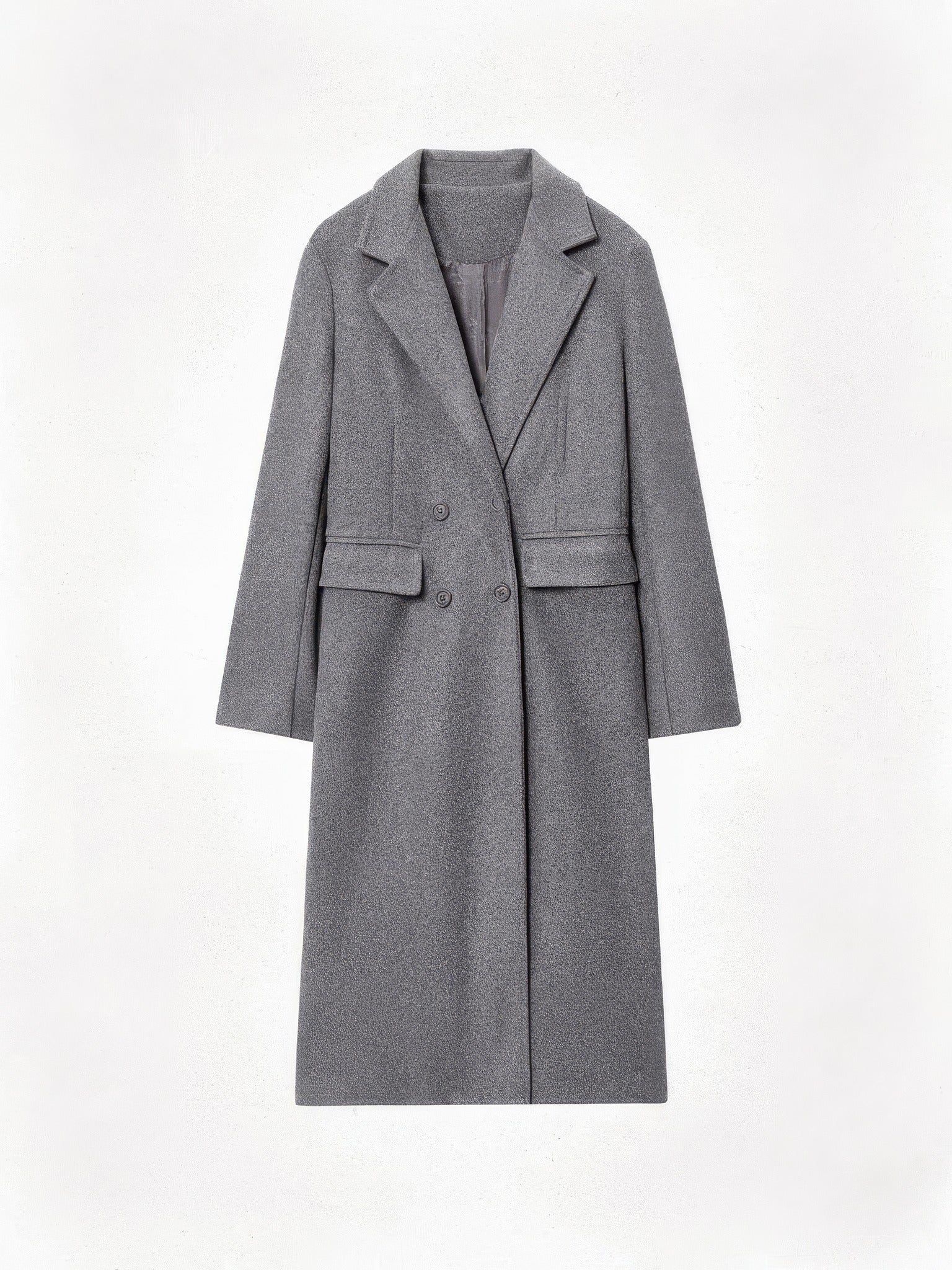 Longline double-breasted coat packshot in Pewter, a mid grey melange