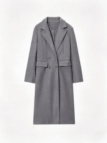 Longline double-breasted coat packshot in Pewter, a mid grey melange