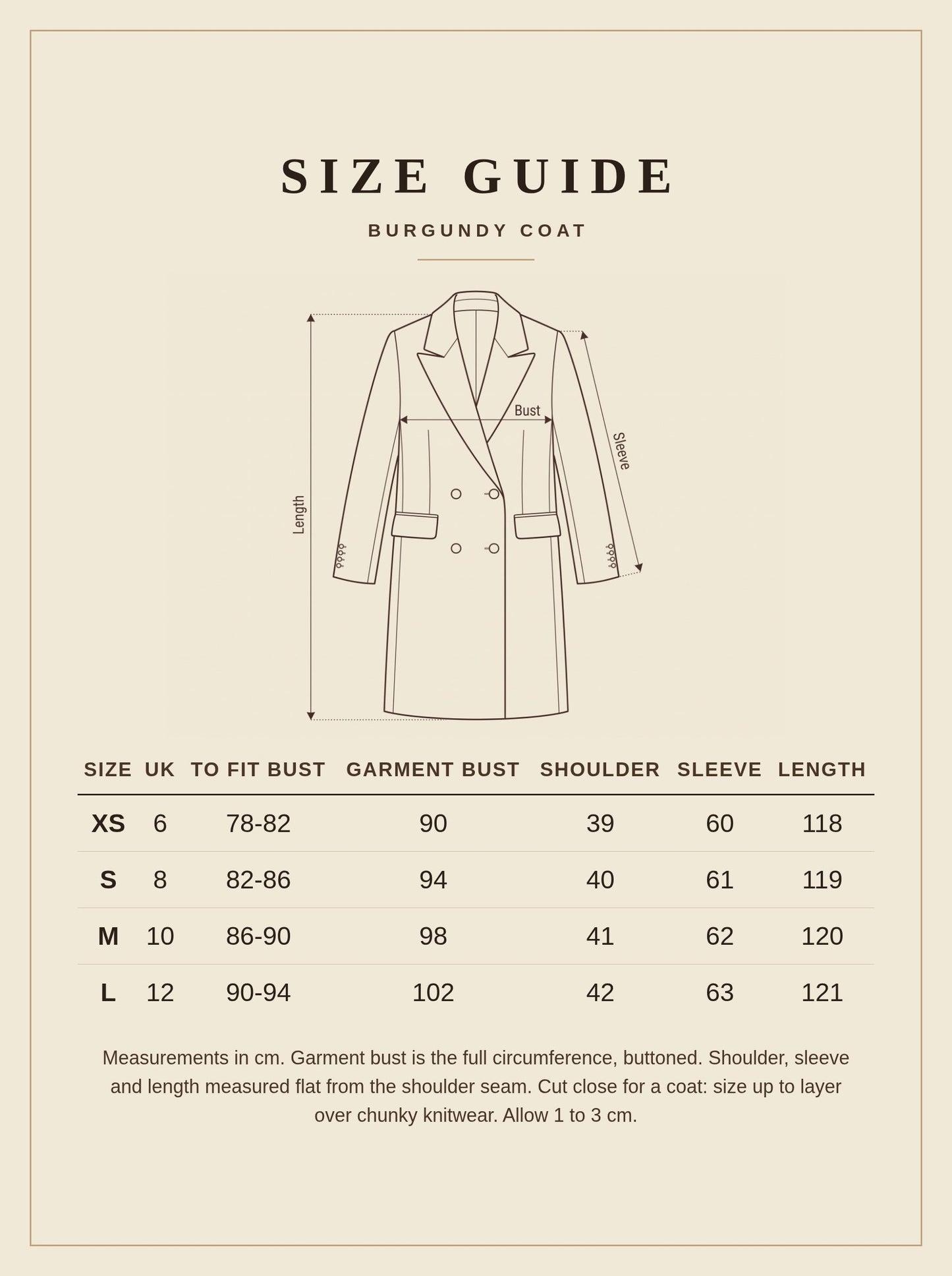 Size guide for the Ilmington burgundy coat, sizes XS to L, measurements in centimetres