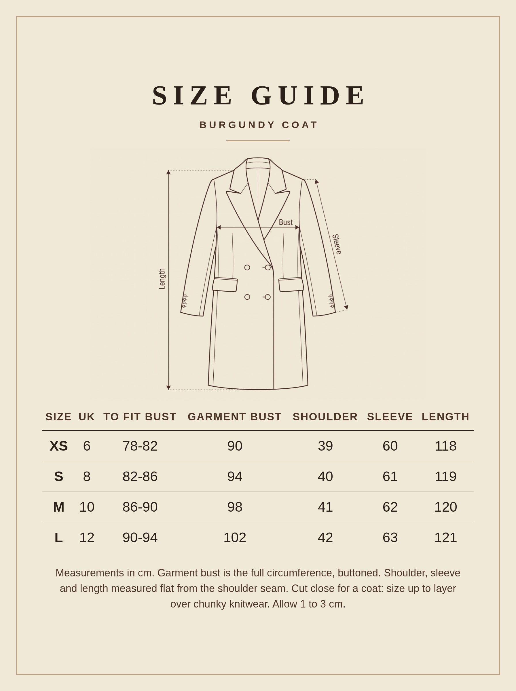 Size guide for the Ilmington burgundy coat, sizes XS to L, measurements in centimetres