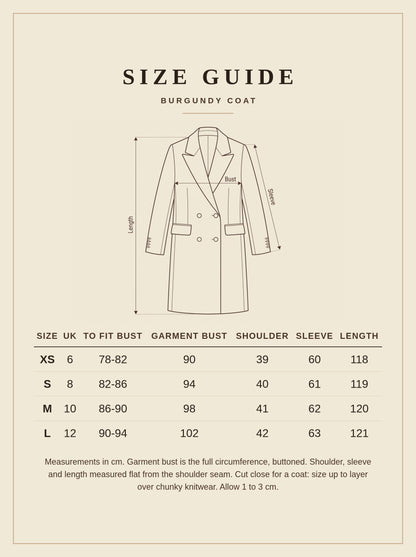 Size guide for the Ilmington burgundy coat, sizes XS to L, measurements in centimetres