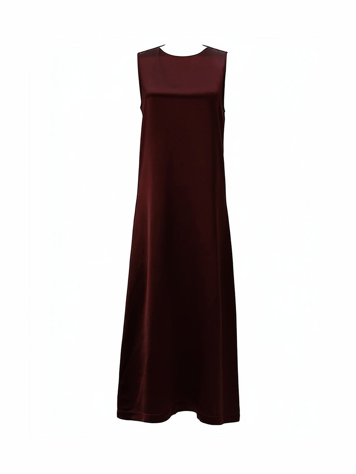 Burgundy dress in Claret satin, sleeveless A line maxi, front packshot