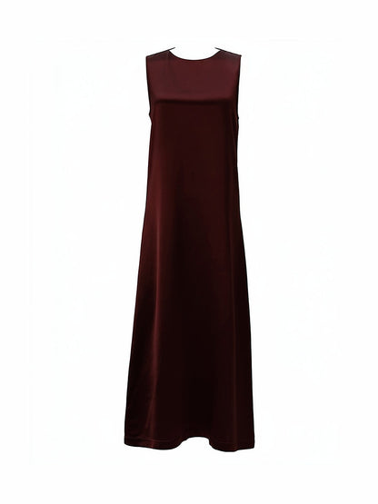 Burgundy dress in Claret satin, sleeveless A line maxi, front packshot